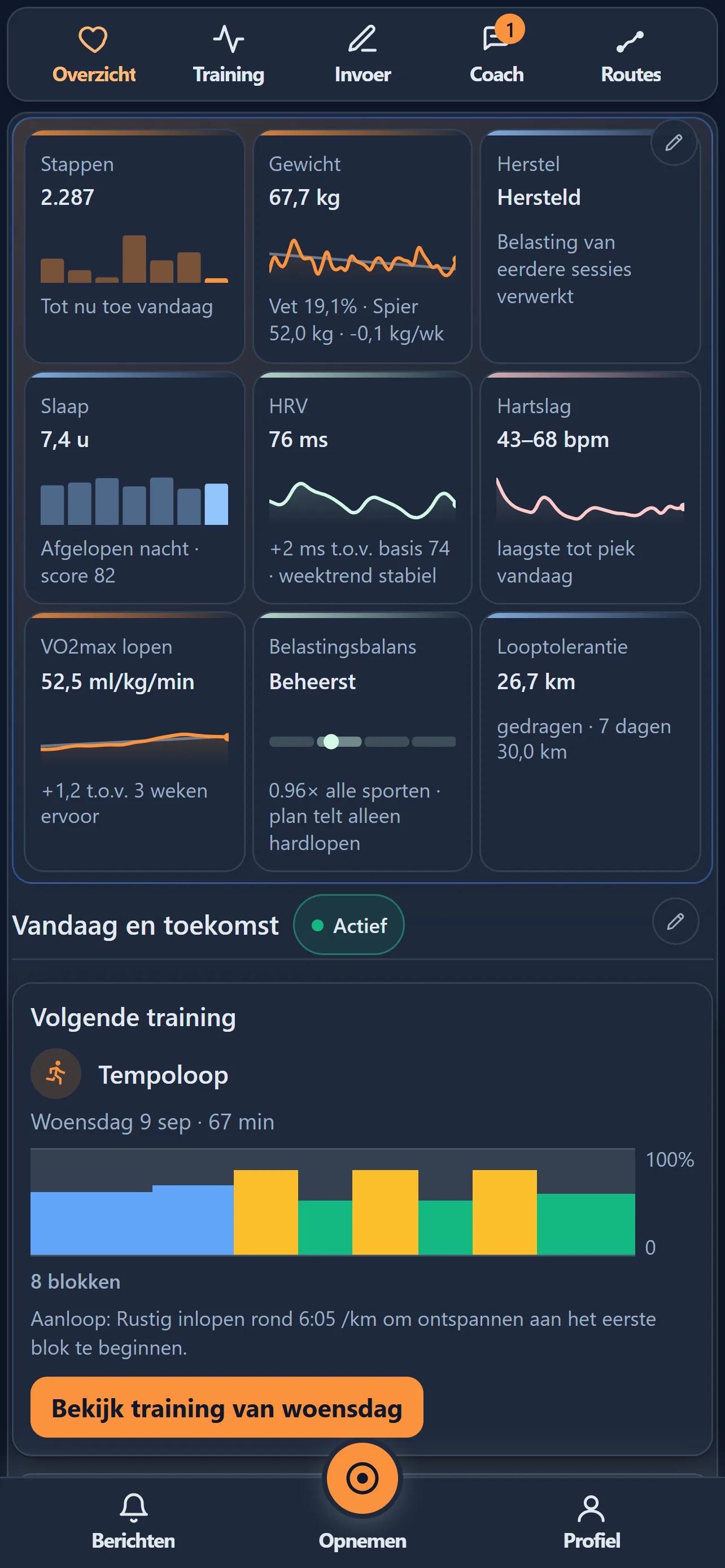 Het Overzicht-scherm van Trimetra met belasting, herstel, slaap, HRV en hartslag